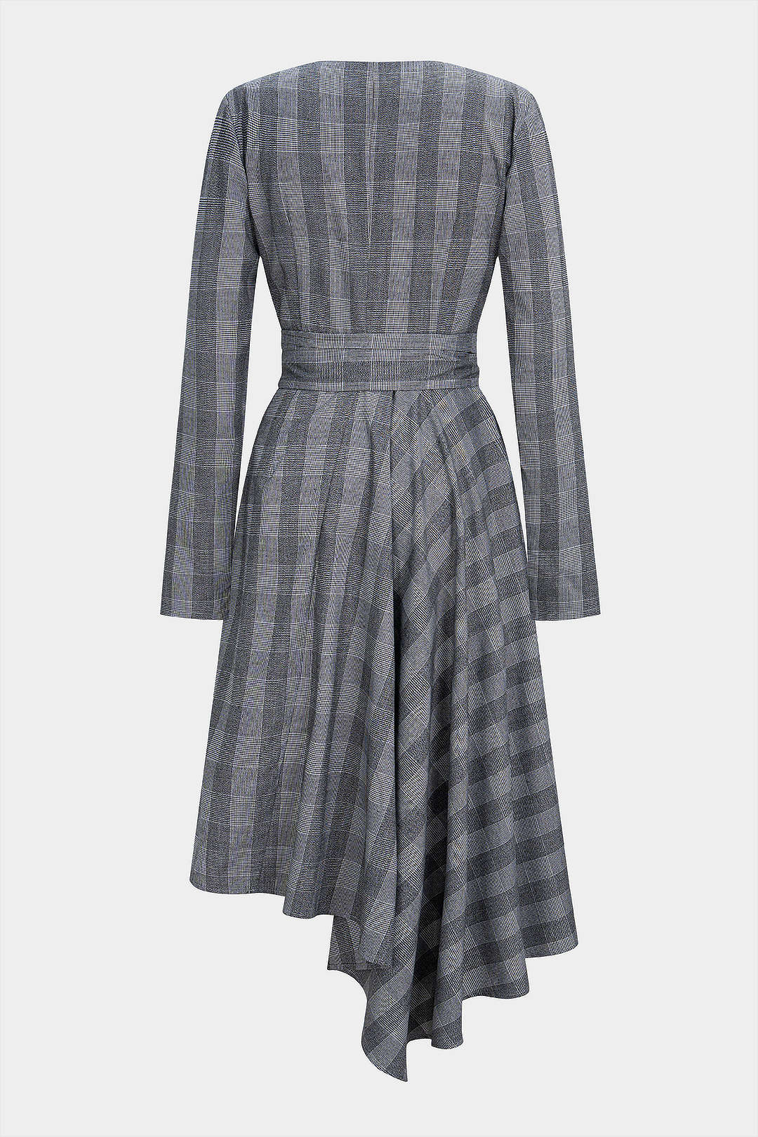 Plaid Print V-Neck Knot Ruched Asymmetrical Hem Long-Sleeve Midi Dress - Image 2