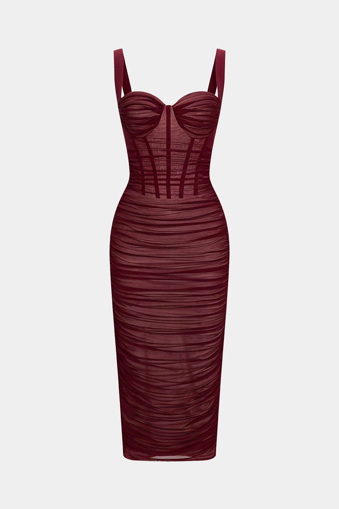 Sheer Mesh Ruched Bustier Slip Sleeveless Midi Dress - Image 6