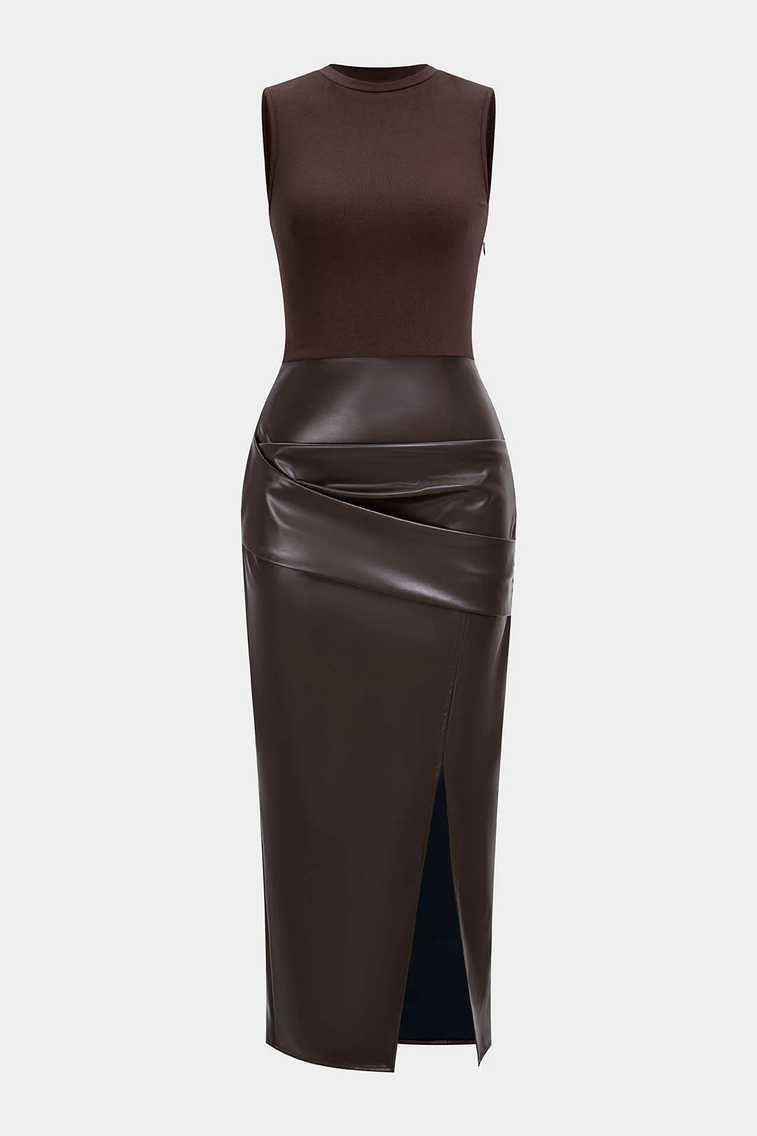 Faux Leather Patchwork Ruched Sleeveless Midi Dress - Image 2