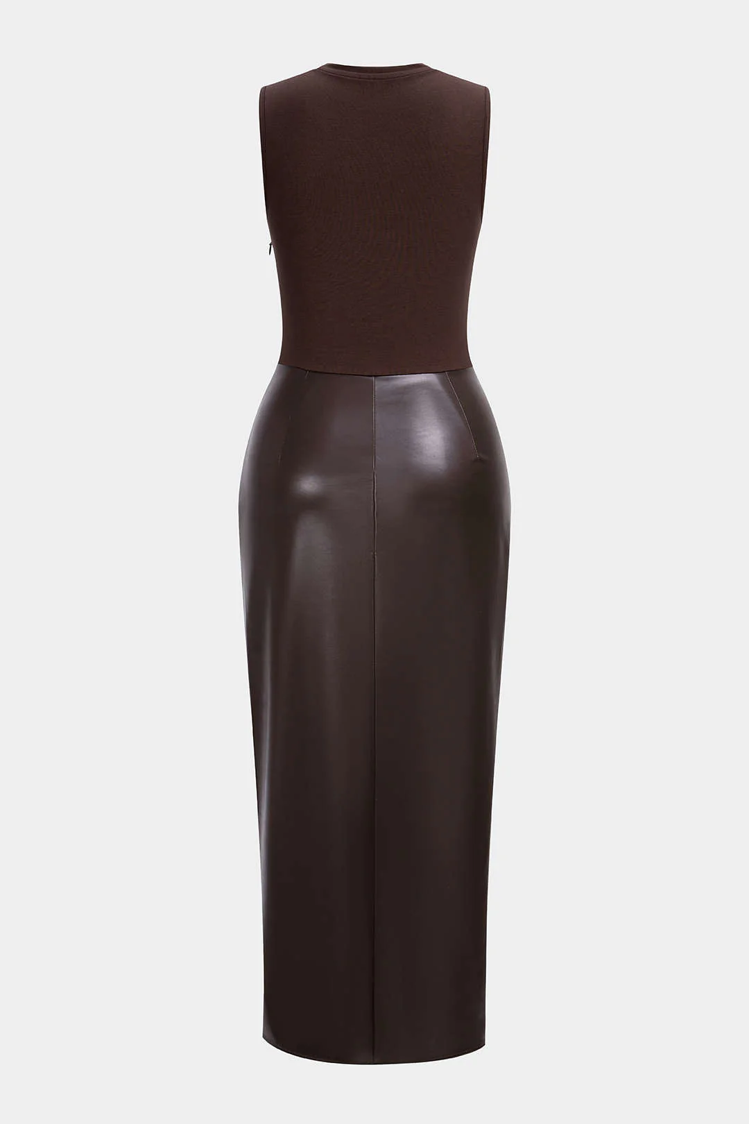 Faux Leather Patchwork Ruched Sleeveless Midi Dress - Image 3
