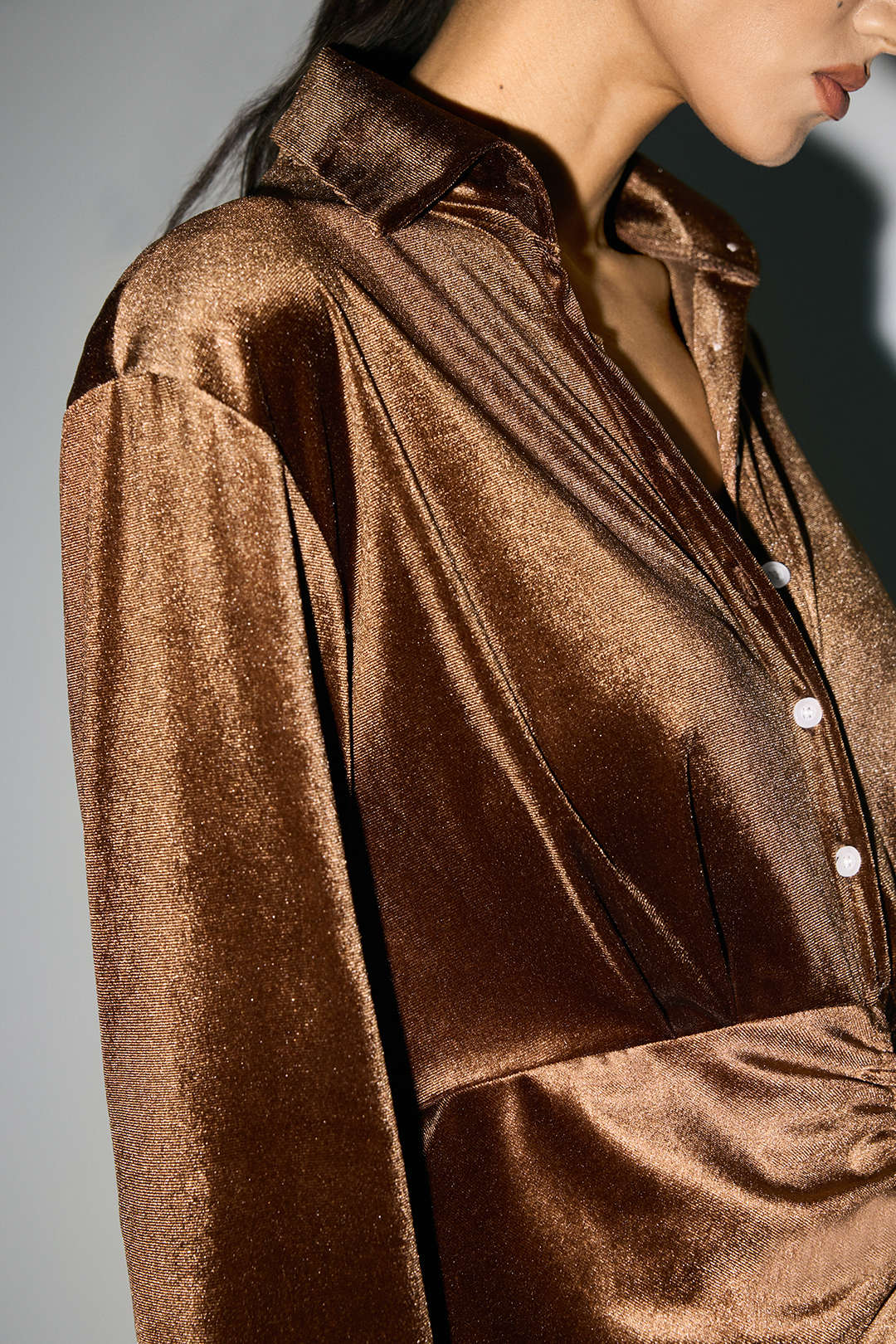 Velvet Ruched Lapel Button Slit Long Sleeve Midi Dress - Image 3