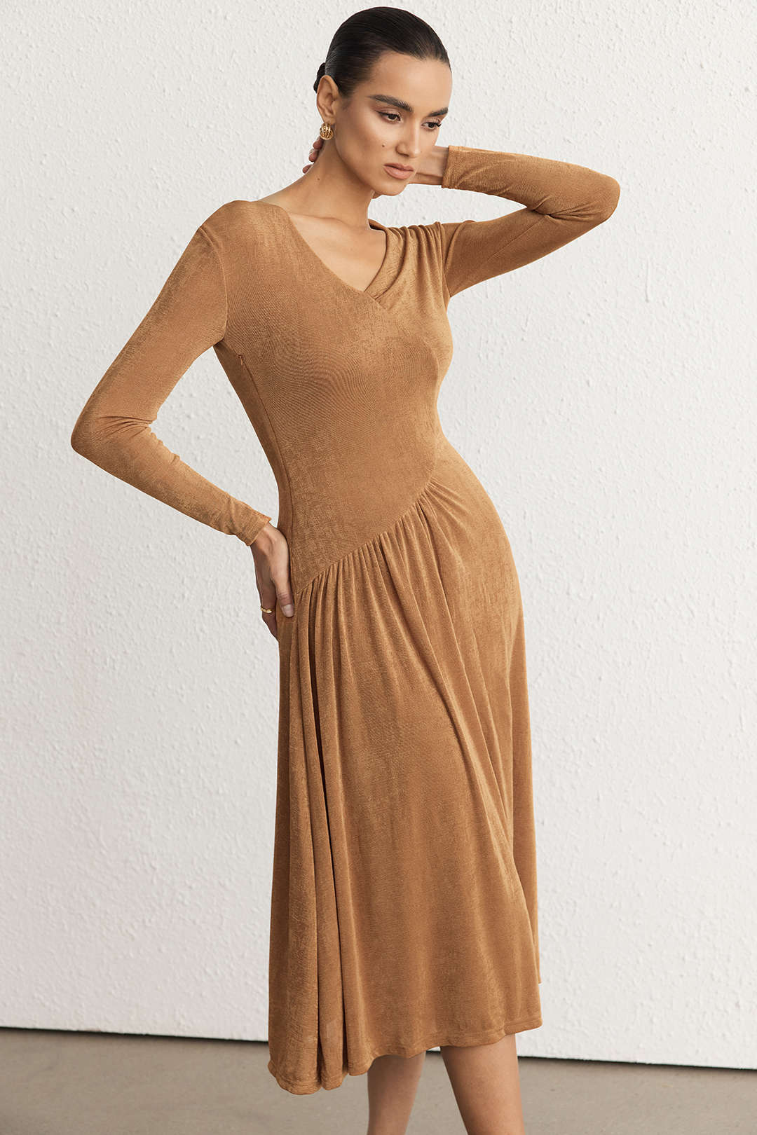 Asymmetrical Neck Long Sleeve Midi Dress - Image 2