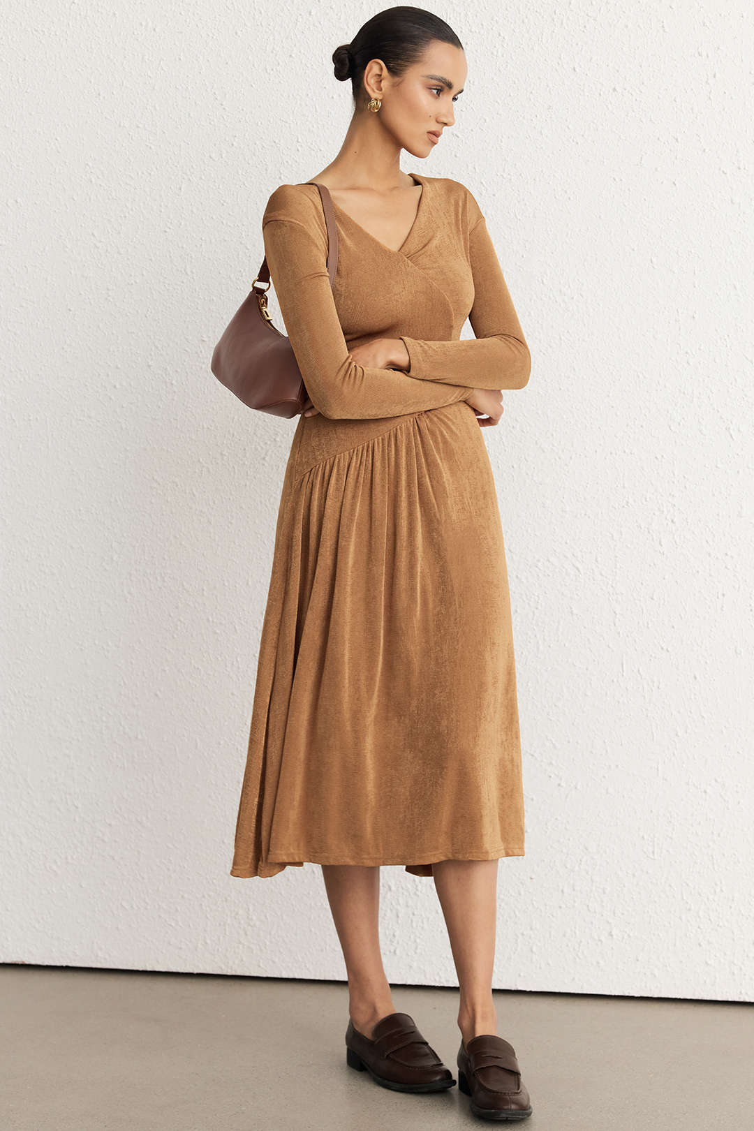 Asymmetrical Neck Long Sleeve Midi Dress - Image 3