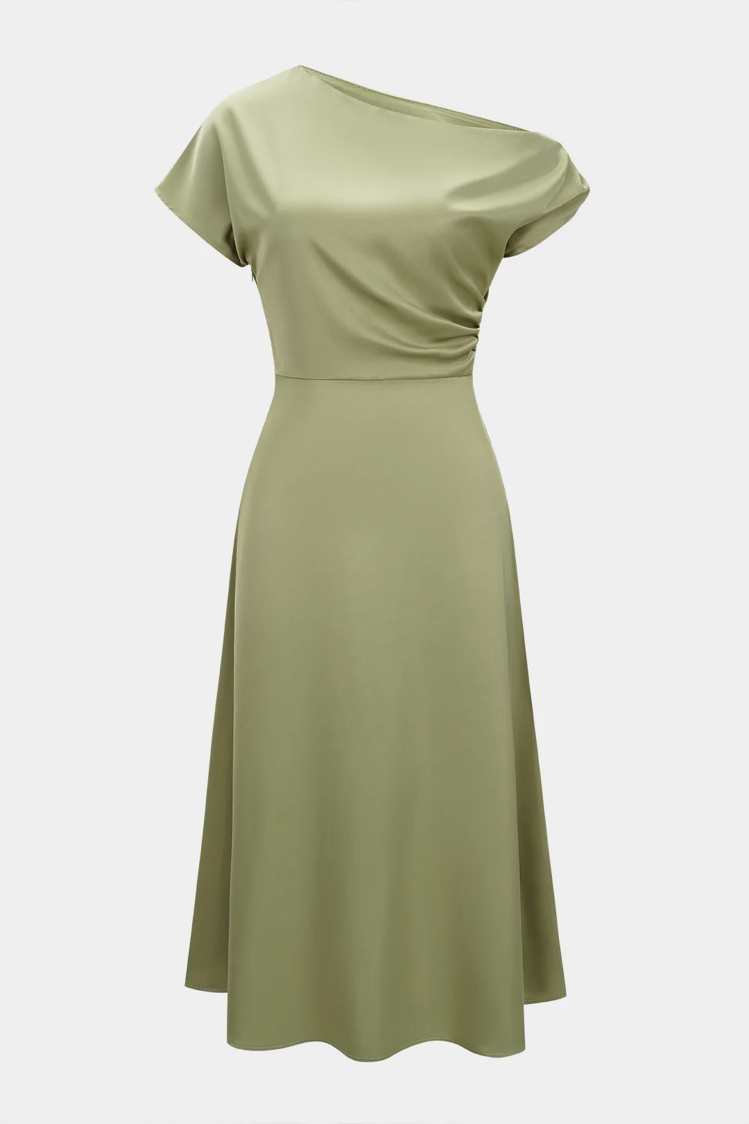 Satin One Shoulder Ruched Short Sleeve Midi Dress