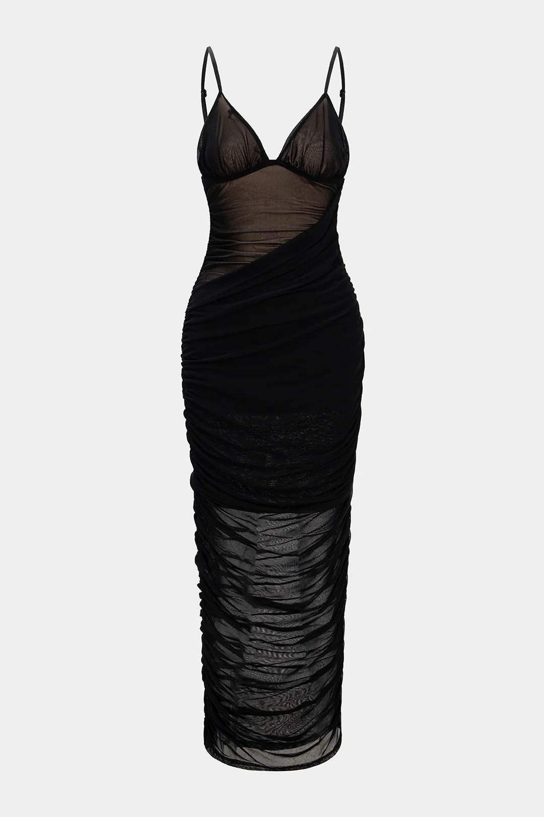 Mesh V-Neck Backless Ruched Slip Sleeveless Midi Dress