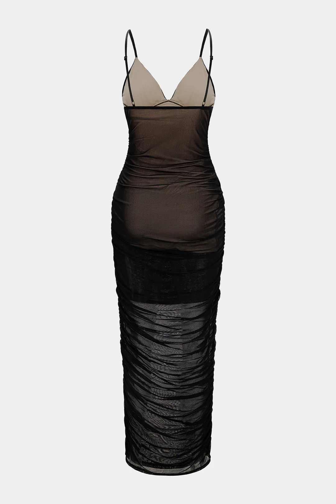 Mesh V-Neck Backless Ruched Slip Sleeveless Midi Dress - Image 2