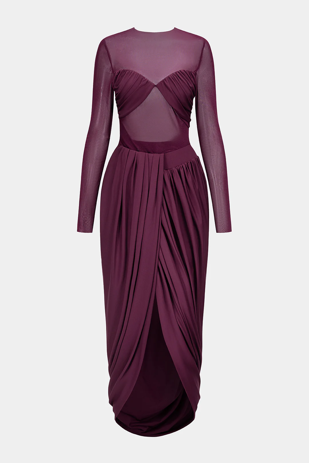 Mesh Patchwork Round Neck Ruched Long Sleeve Midi Dress
