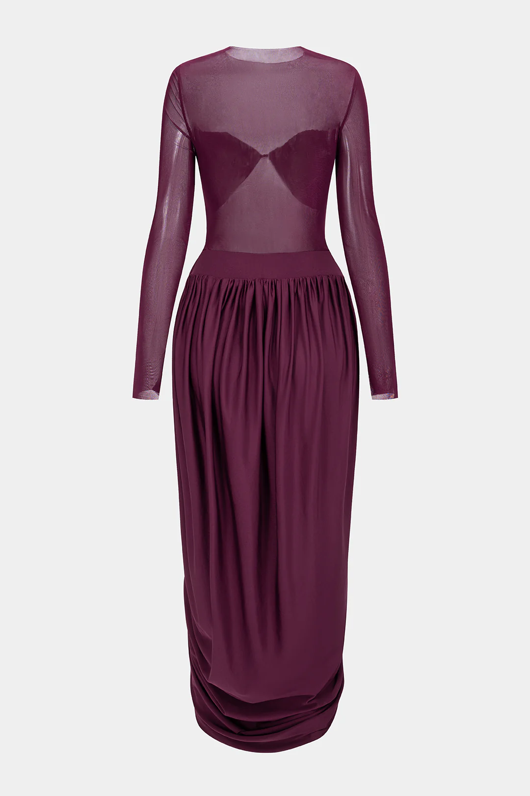 Mesh Patchwork Round Neck Ruched Long Sleeve Midi Dress - Image 2