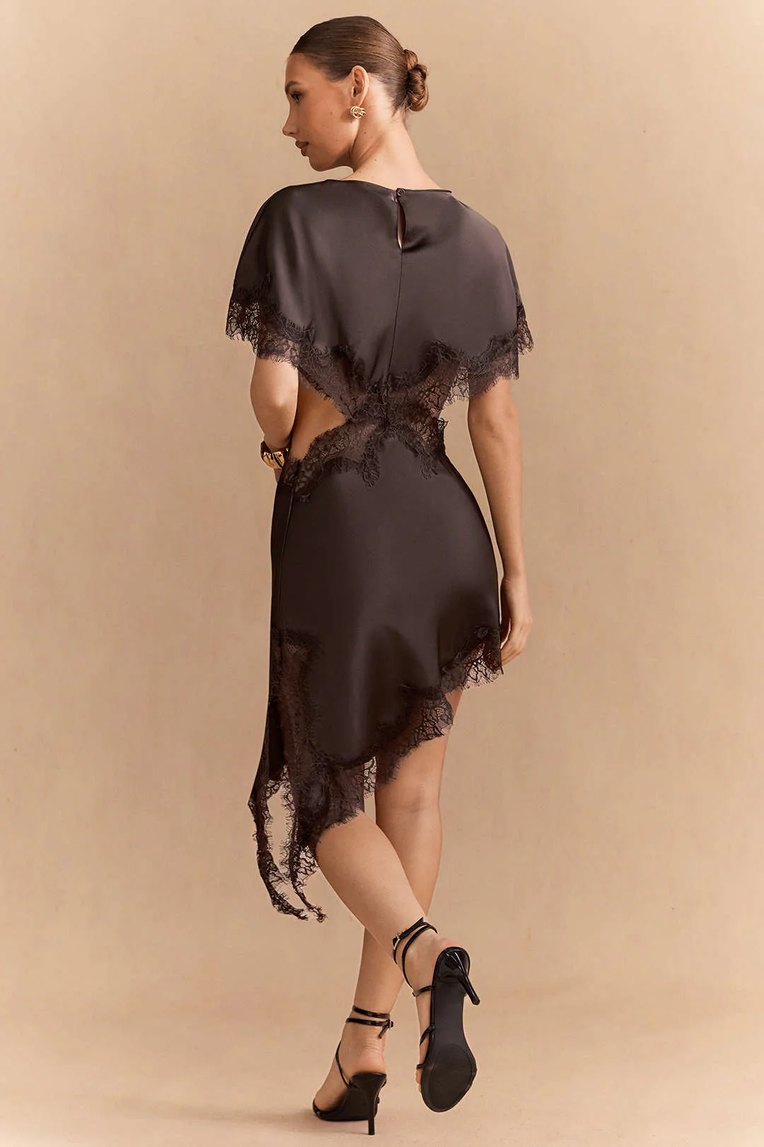 Satin Patchwork Lace Trim Cut Out Short Sleeve Midi Dress - Image 4
