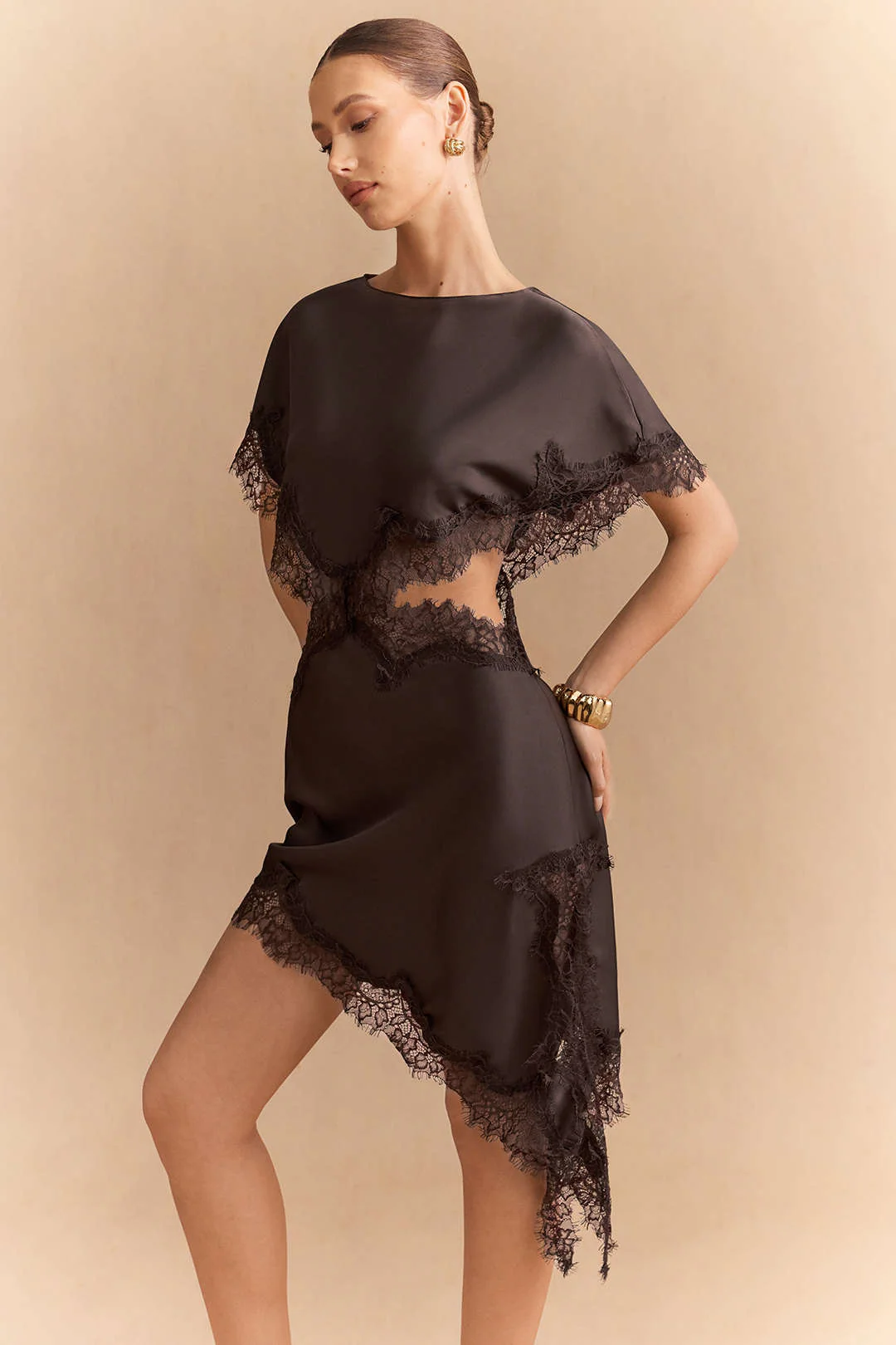 Satin Patchwork Lace Trim Cut Out Short Sleeve Midi Dress - Image 5