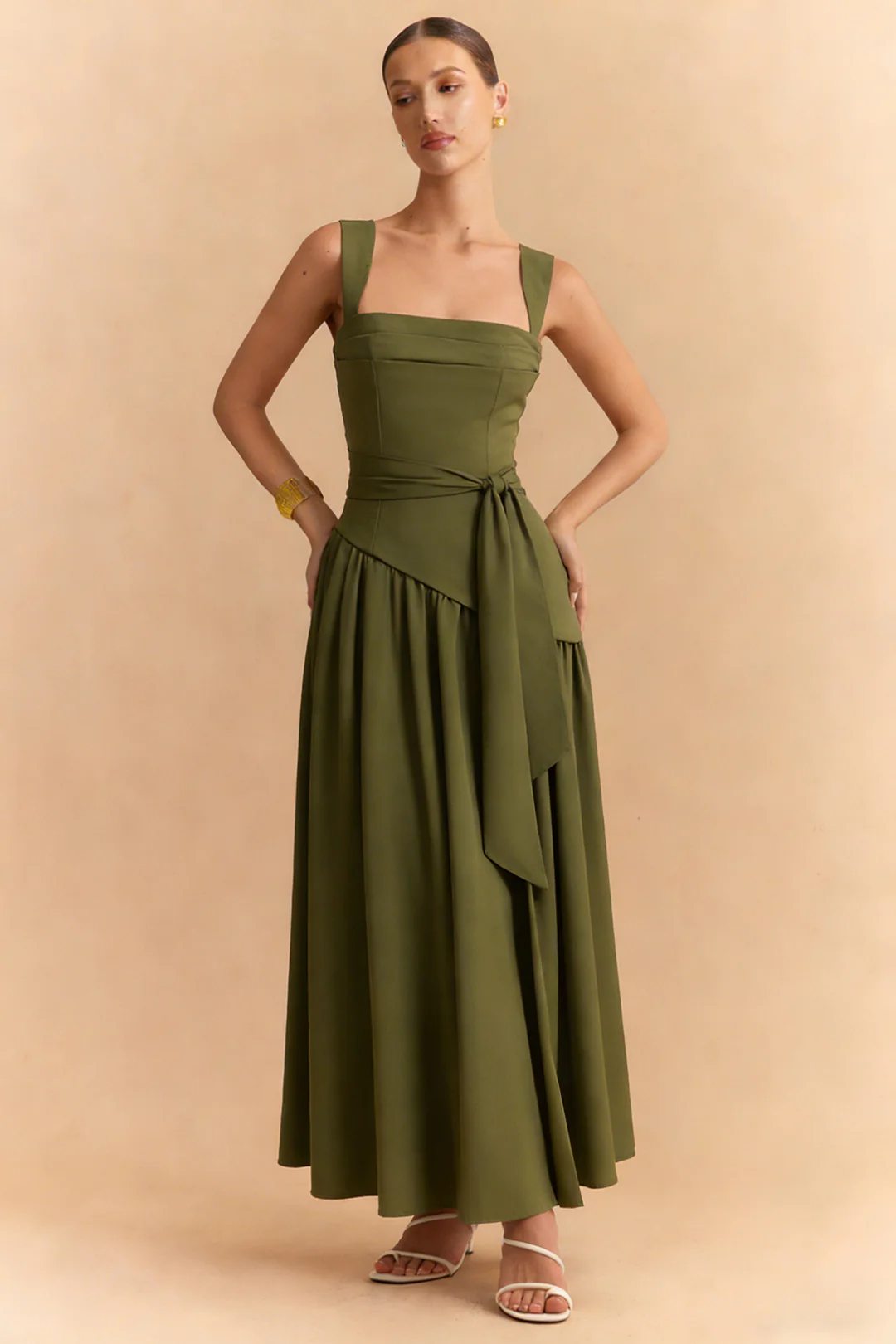 Asymmetrical Ruched Sleeveless Midi Dress With Scarf