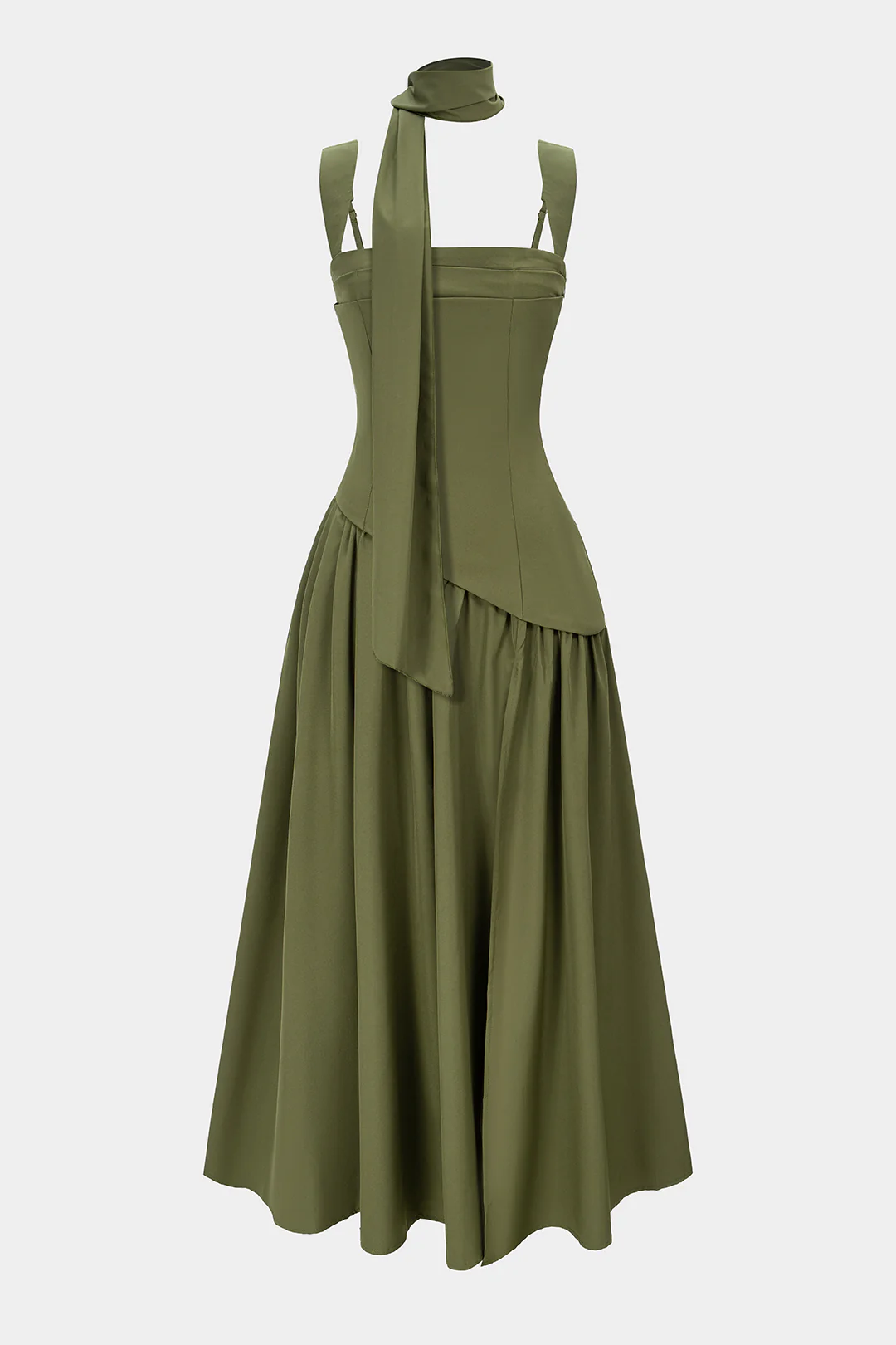 Asymmetrical Ruched Sleeveless Midi Dress With Scarf - Image 2