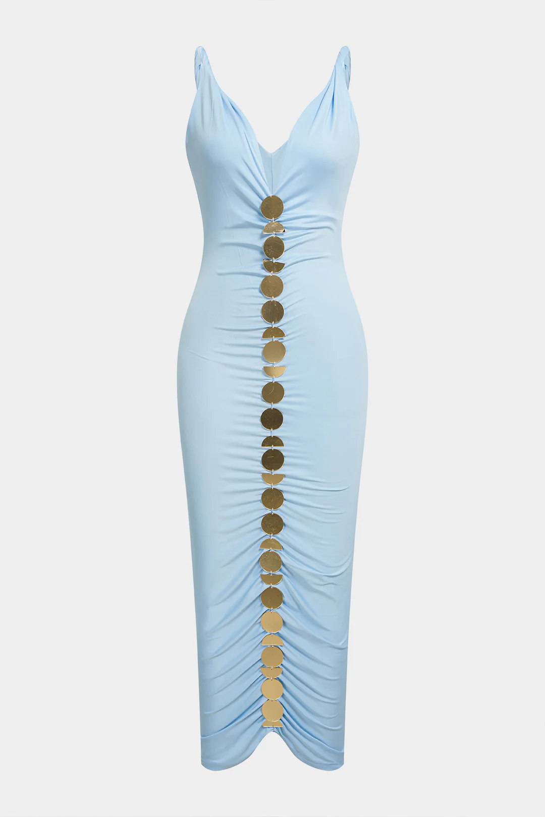 V-Neck Twist Knot Ruched Sleeveless Midi Dress