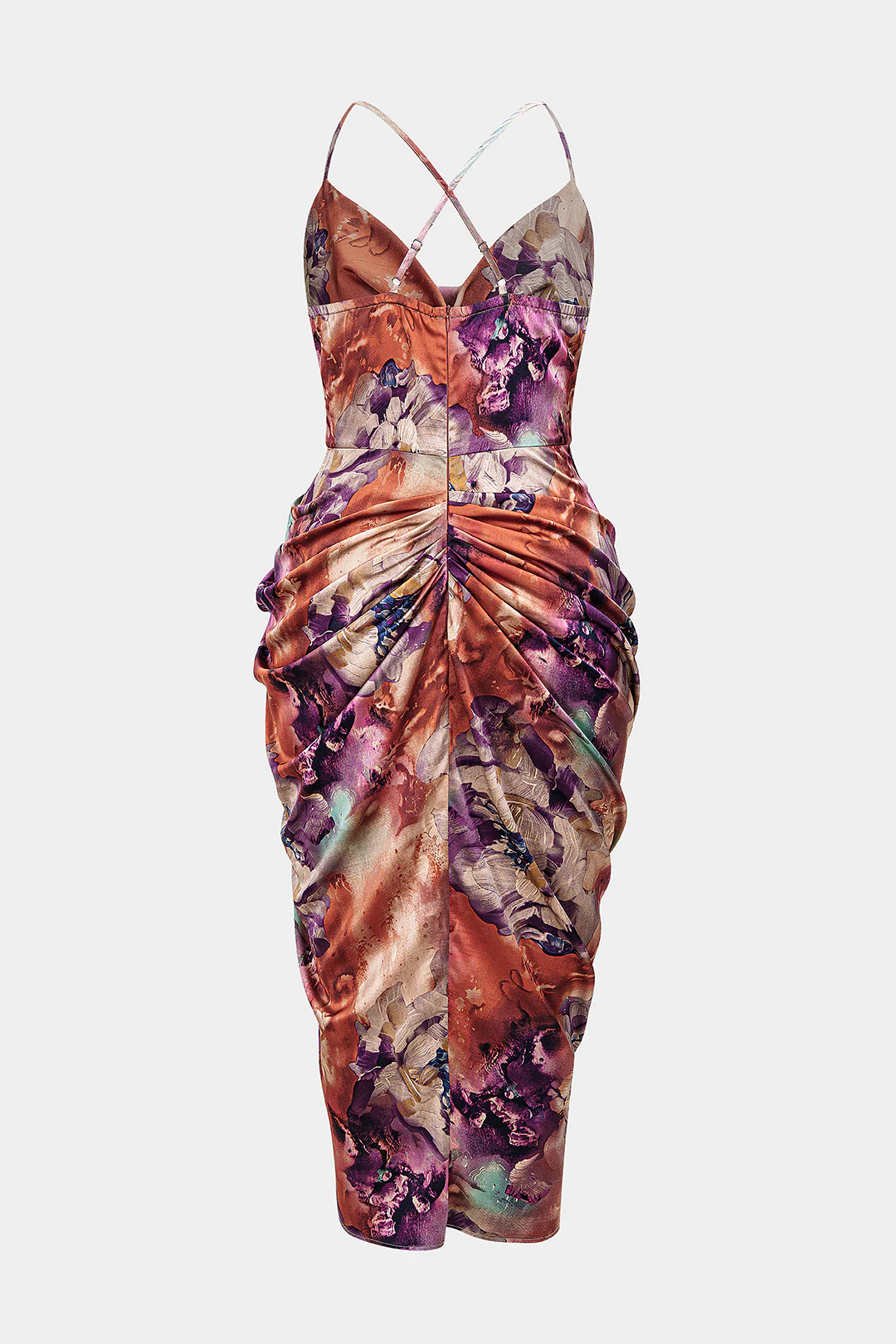 Plus Size Floral Print Satin Draped Cowl Neck Ruched Crossed Sleeveless Midi Dress - Image 2