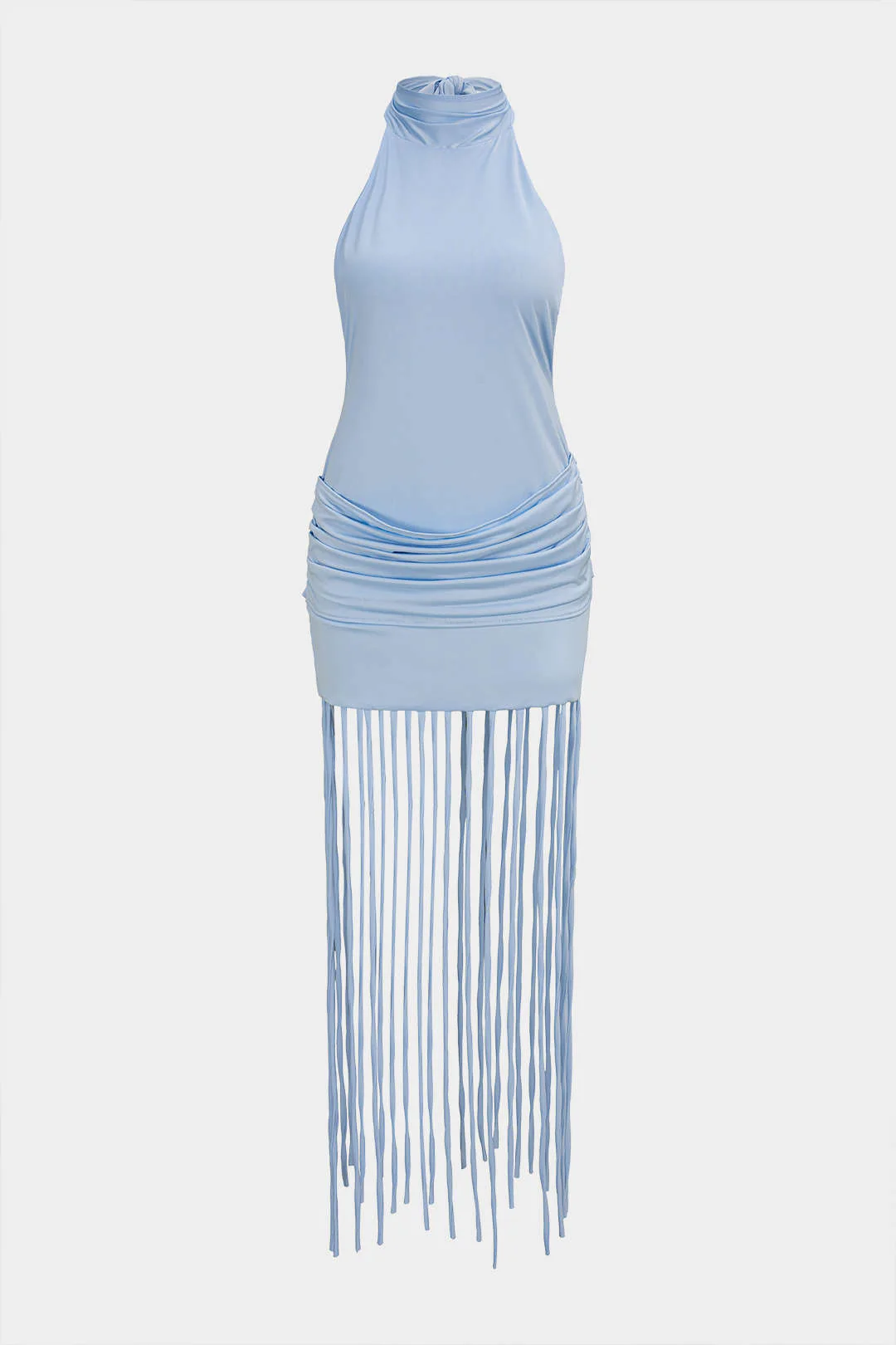 Halter Neck Pleated Fringe Backless Tie Back Sleeveless Midi Dress - Image 2