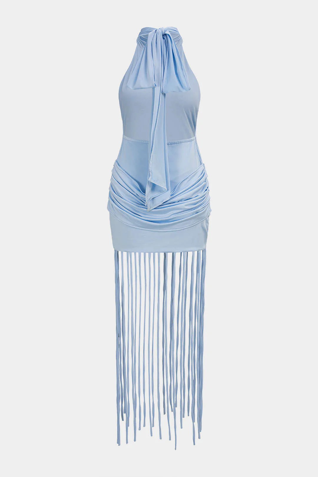 Halter Neck Pleated Fringe Backless Tie Back Sleeveless Midi Dress - Image 3