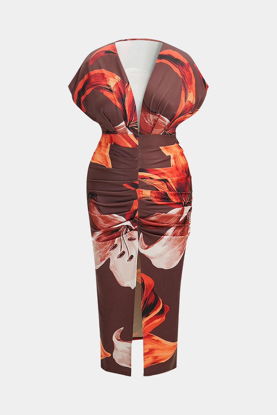 Plus Size Floral Print Deep V-Neck Ruched Sleeveless Midi Dress - Image 5