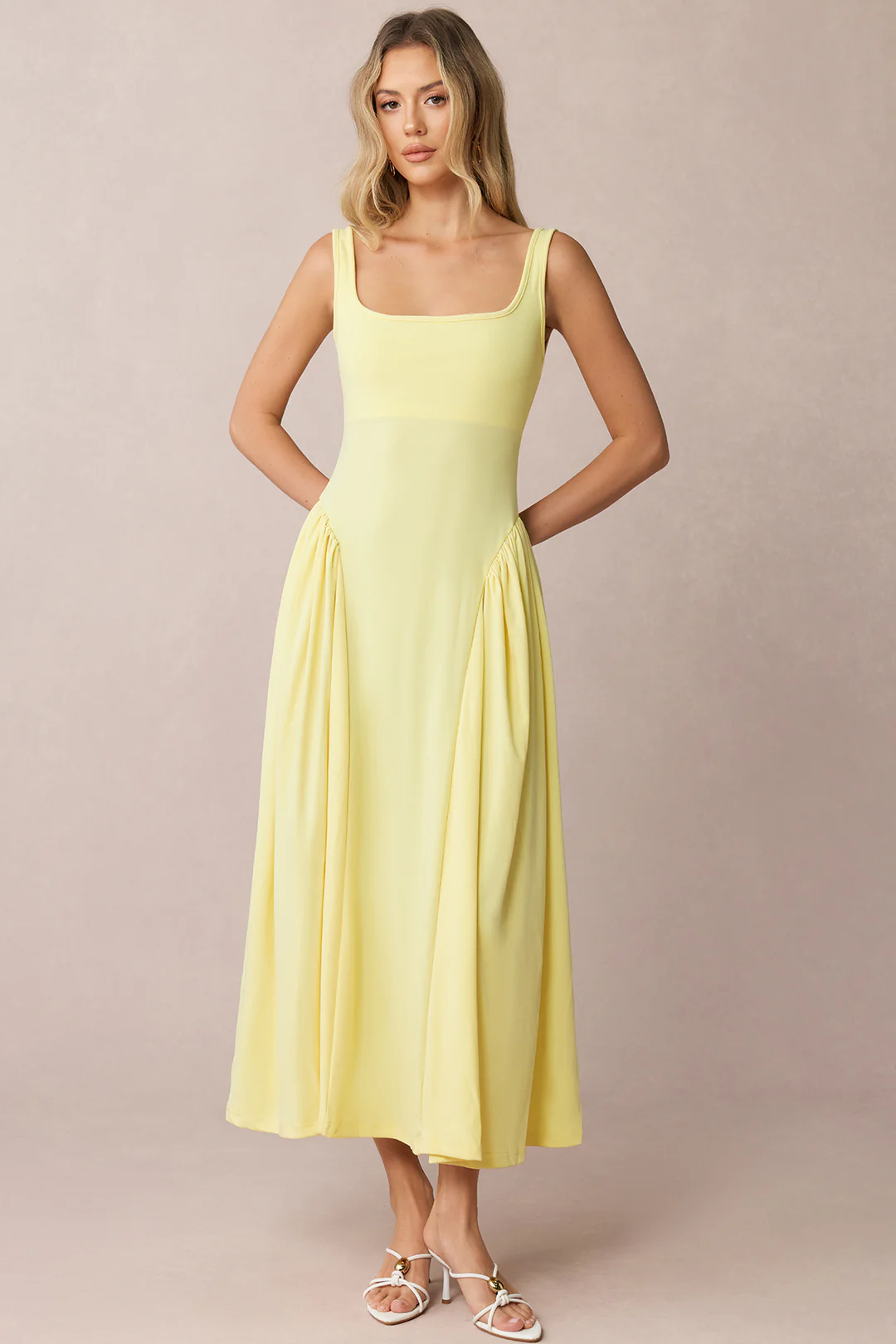 Square Neck Ruched Sleeveless Midi Dress - Image 3