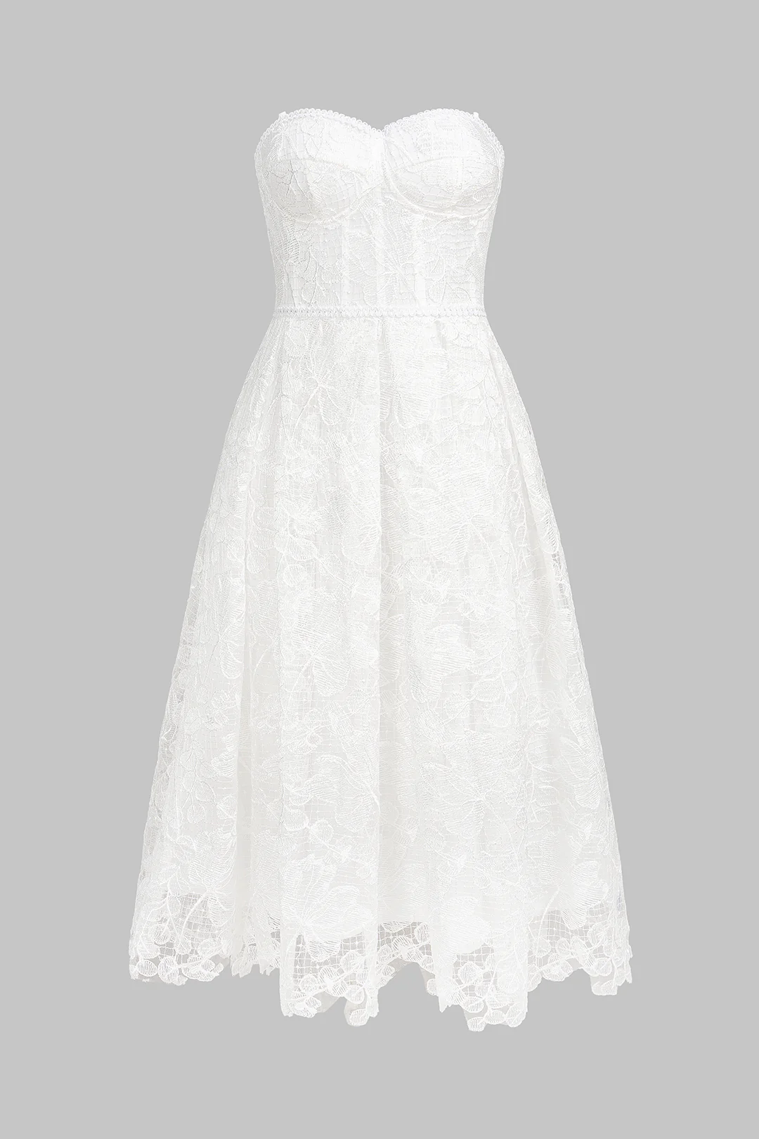 Lace Embroidery Ruched Strapless Sleeveless Midi Dress