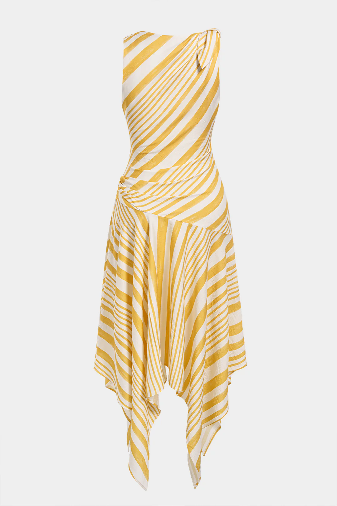 Linen Contrast Stripes Print Ruched Tie-Up Asymmetrical Hem Sleeveless Midi Dress - Image 2