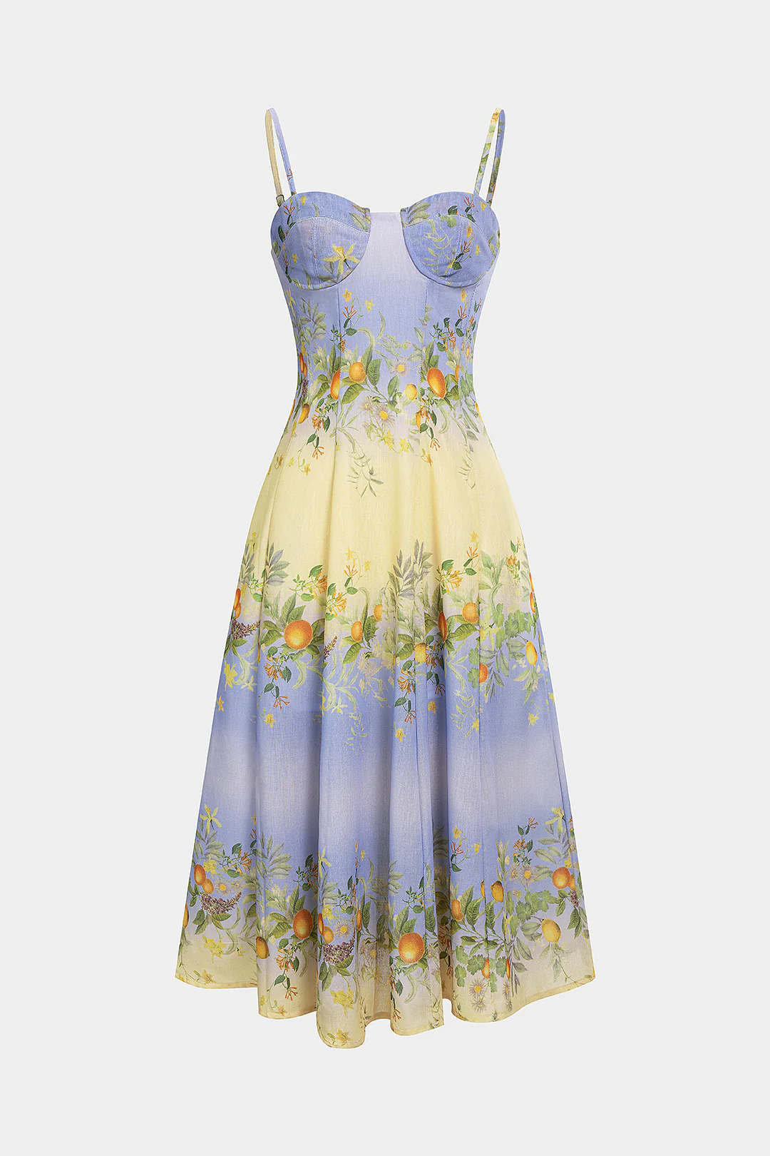 Leaves Print Bustier Zipper Sleeveless Midi Dress