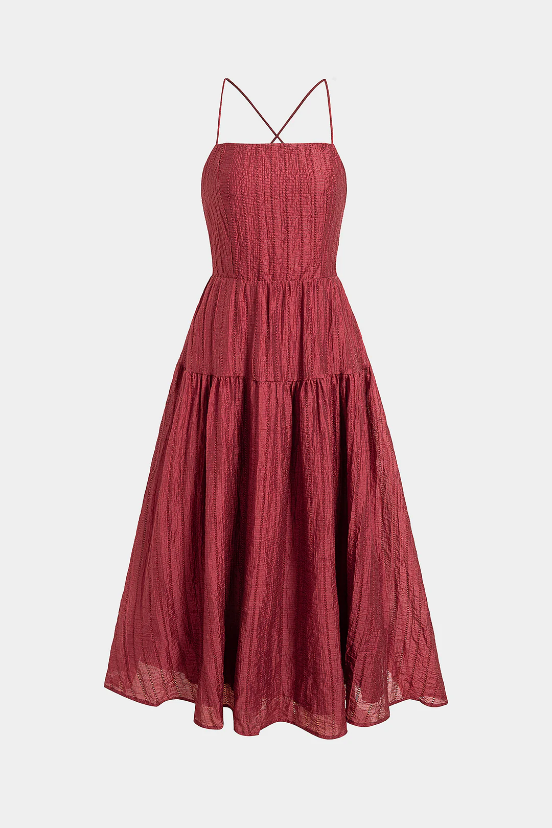 Textured Crossed Backless Smocked Sleeveless Midi Dress