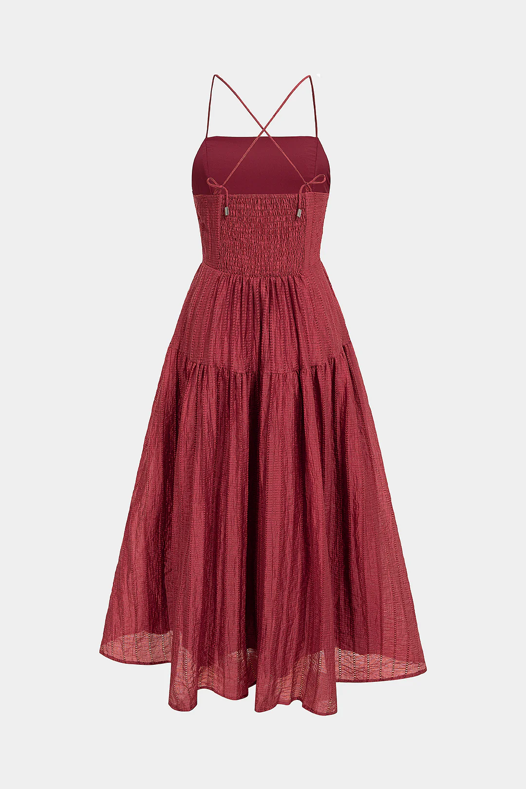 Textured Crossed Backless Smocked Sleeveless Midi Dress - Image 2