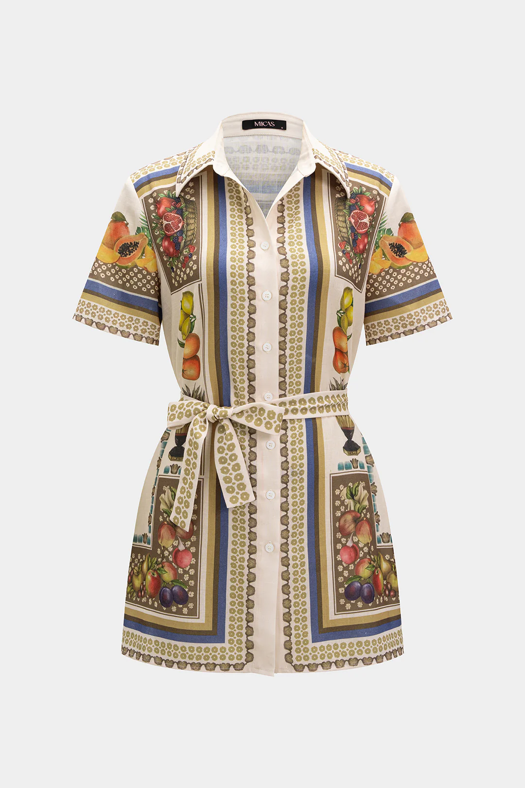 Fruit Print Lapel Tie-Up Short Sleeve Mini Dress