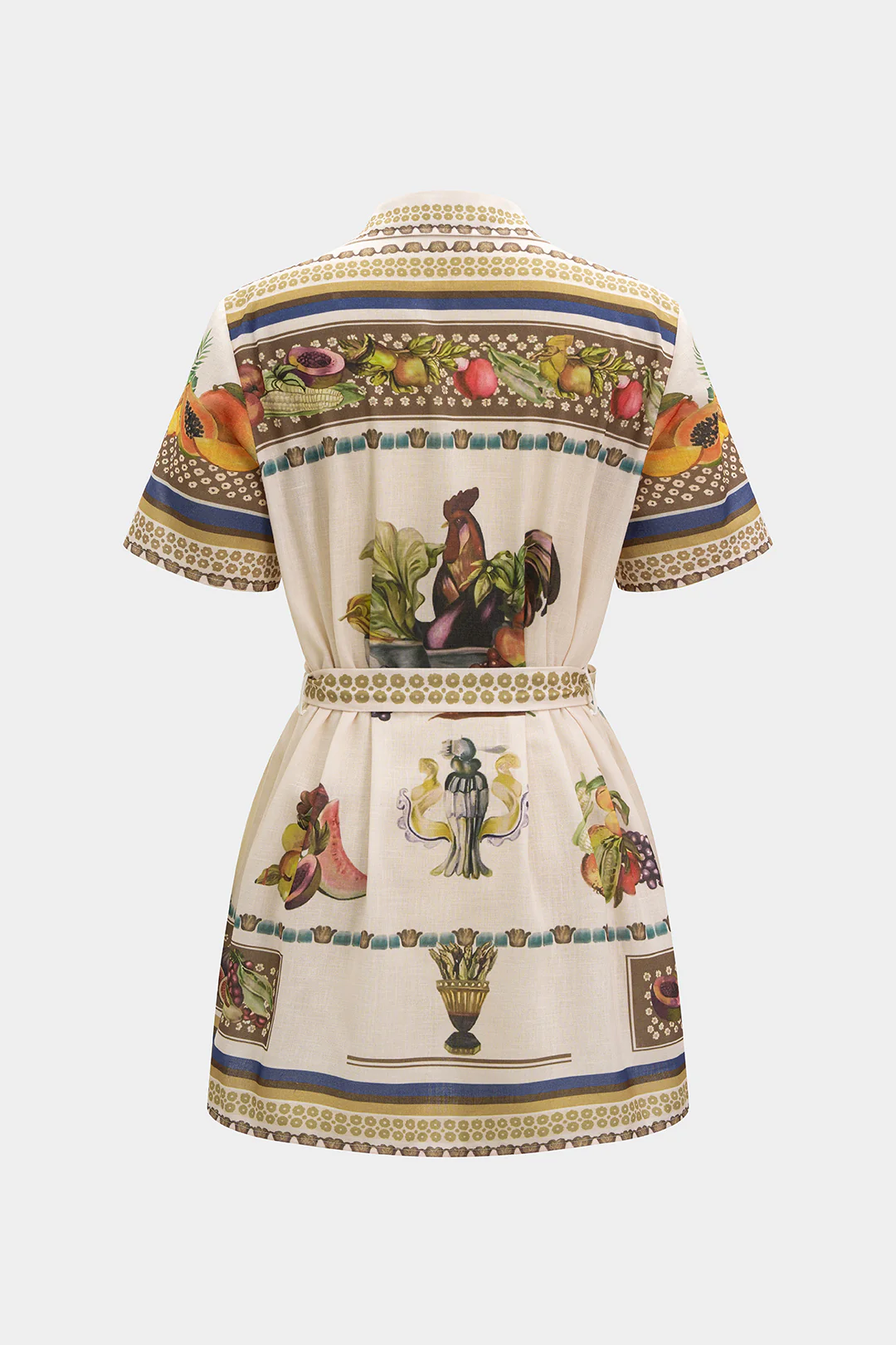 Fruit Print Lapel Tie-Up Short Sleeve Mini Dress - Image 2