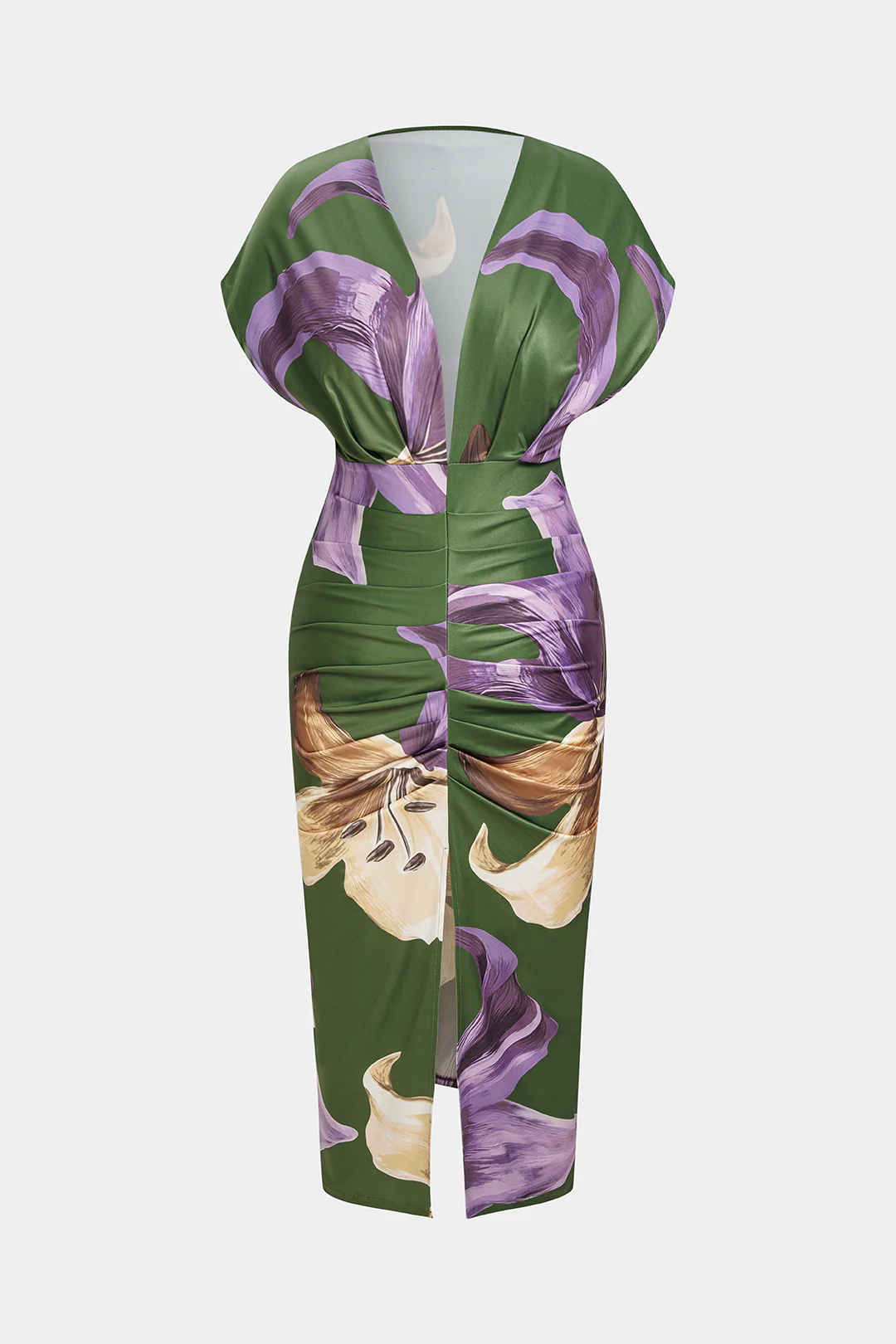Floral Print Deep V-Neck Ruched Sleeveless Midi Dress