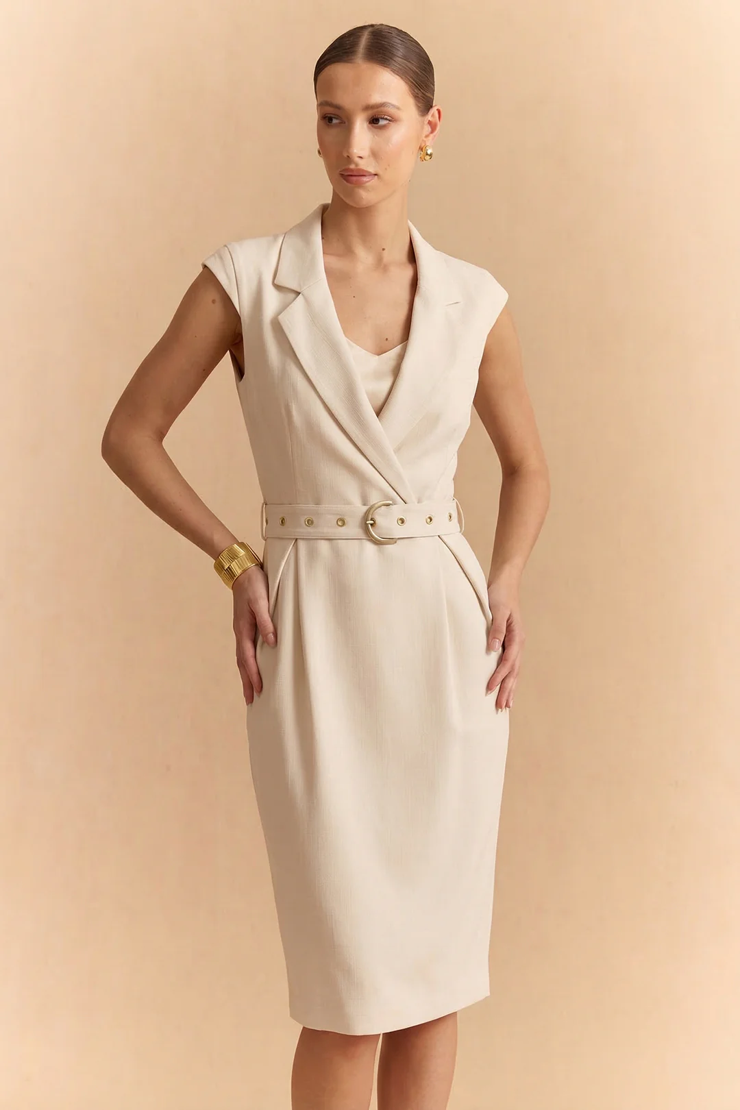 Notched Lapel V-Neck Belted Sleeveless Midi Dress