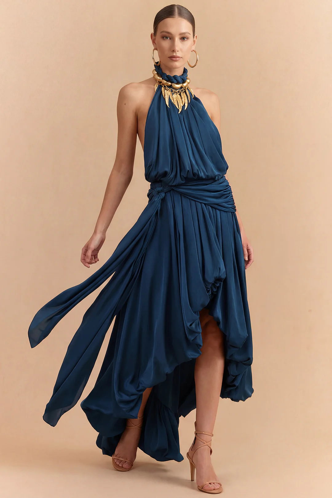 Satin Halter Neck Ruched Tie-Up Backless Sleeveless Maxi Dress