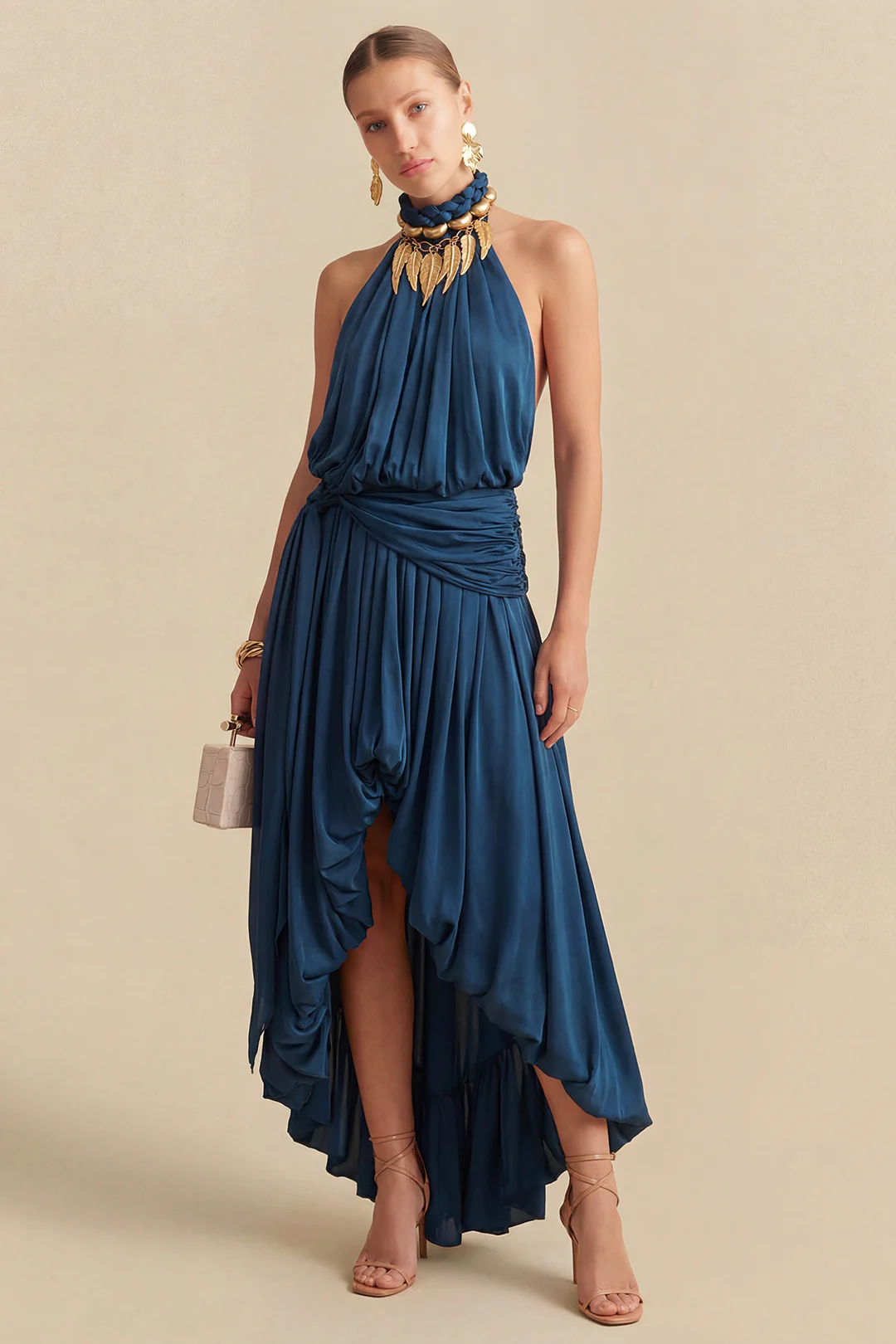 Satin Halter Neck Ruched Tie-Up Backless Sleeveless Maxi Dress - Image 2