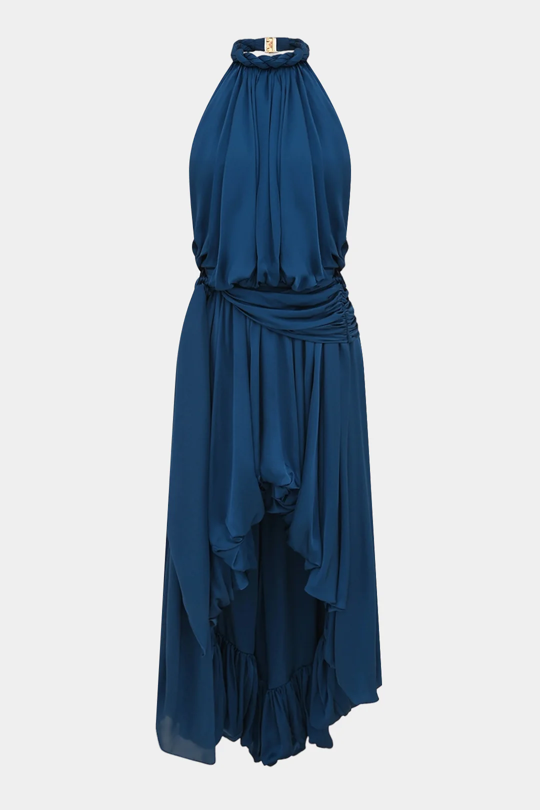 Satin Halter Neck Ruched Tie-Up Backless Sleeveless Maxi Dress - Image 3
