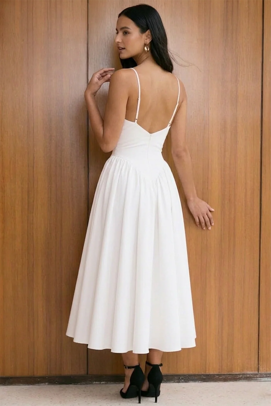 Solid V-Neck Ruched Backless Sleeveless Midi Dress - Image 2