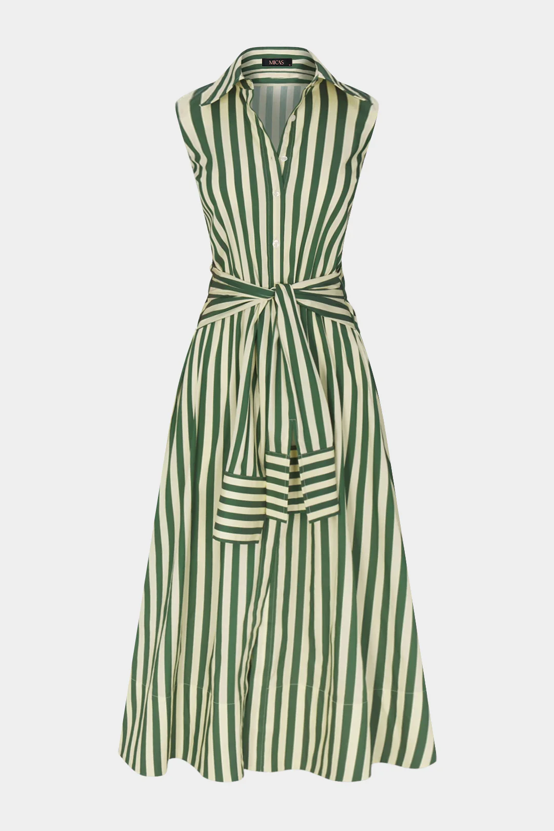 Stripes Print Lapel Tie Front Sleeveless Midi Dress