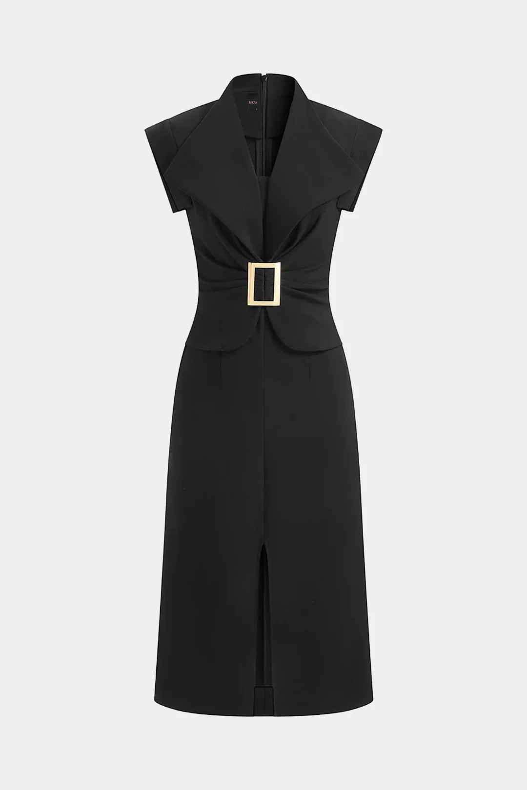 Lapel Metallic Ruched Slit Zipper Sleeveless Midi Dress