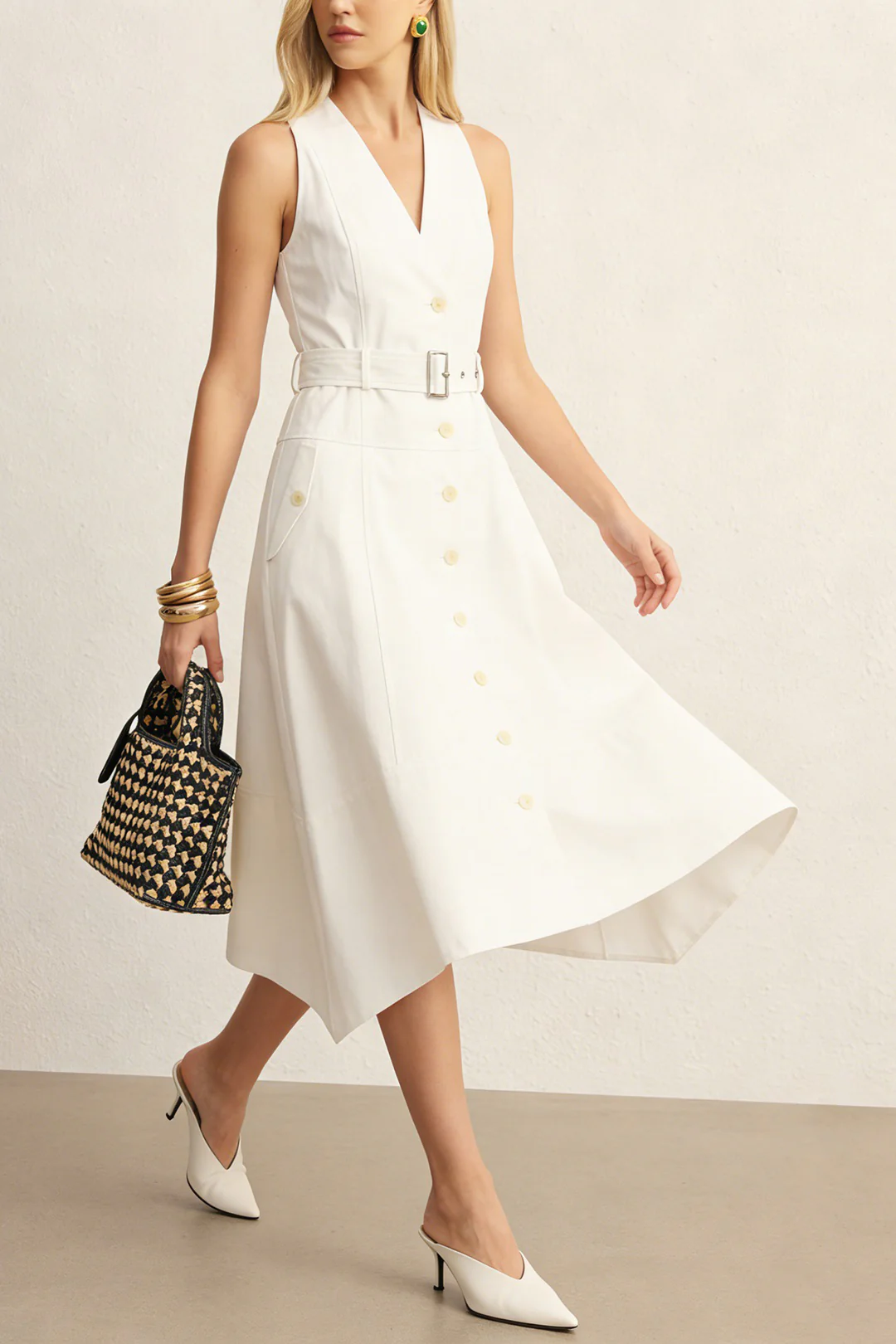 V-Neck Button Belted Sleeveless Midi Dress - Image 2