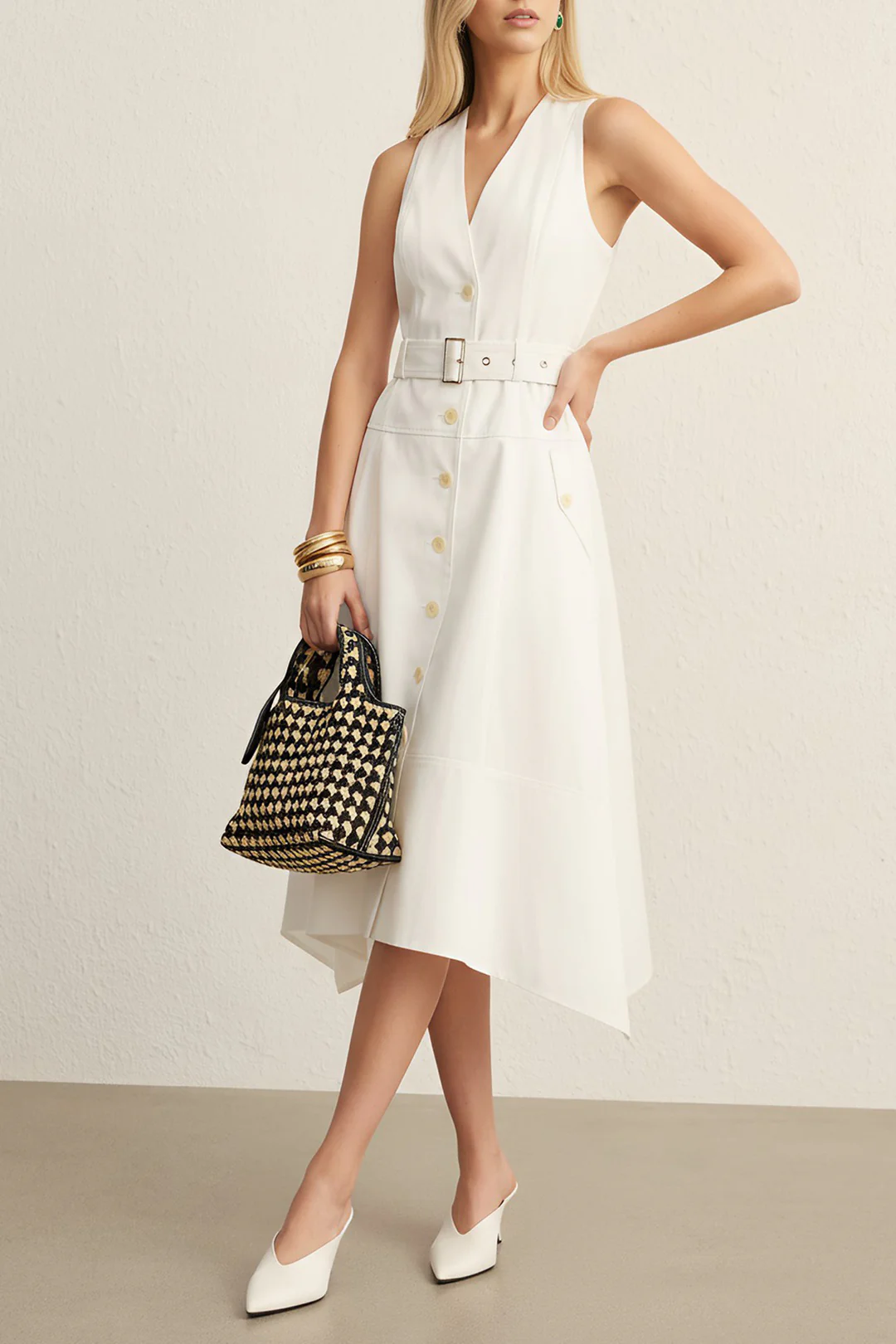 V-Neck Button Belted Sleeveless Midi Dress - Image 3