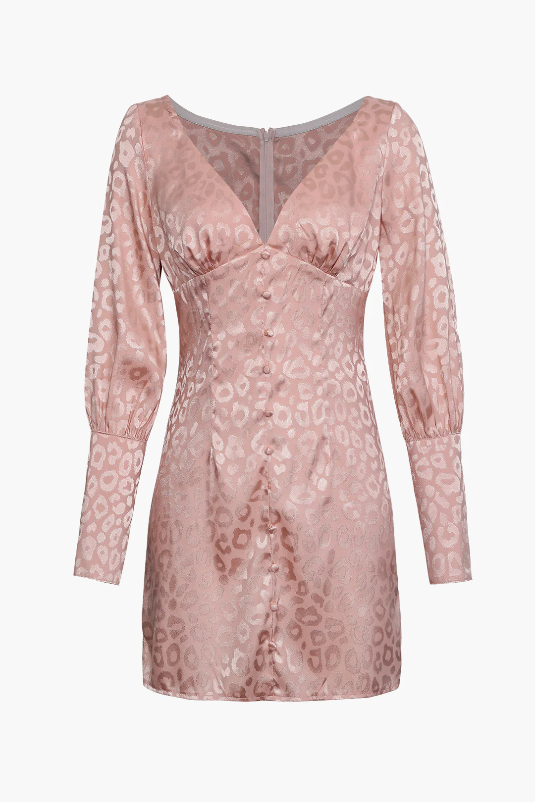 Jacquard Satin V Neck Buttons Long Sleeve Mini Dress - Image 2