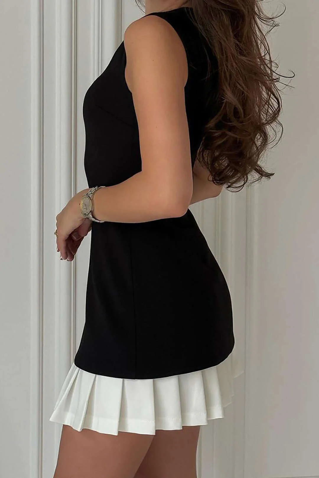 Patchwork Pleated Hem Tank Mini Dress - Image 6