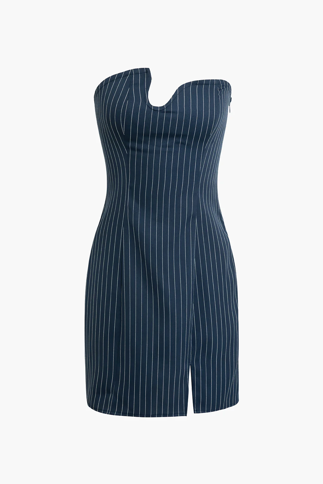 Stripe Print V-Shaped Slit Asymmetrical Strapless Mini Dress - Image 2