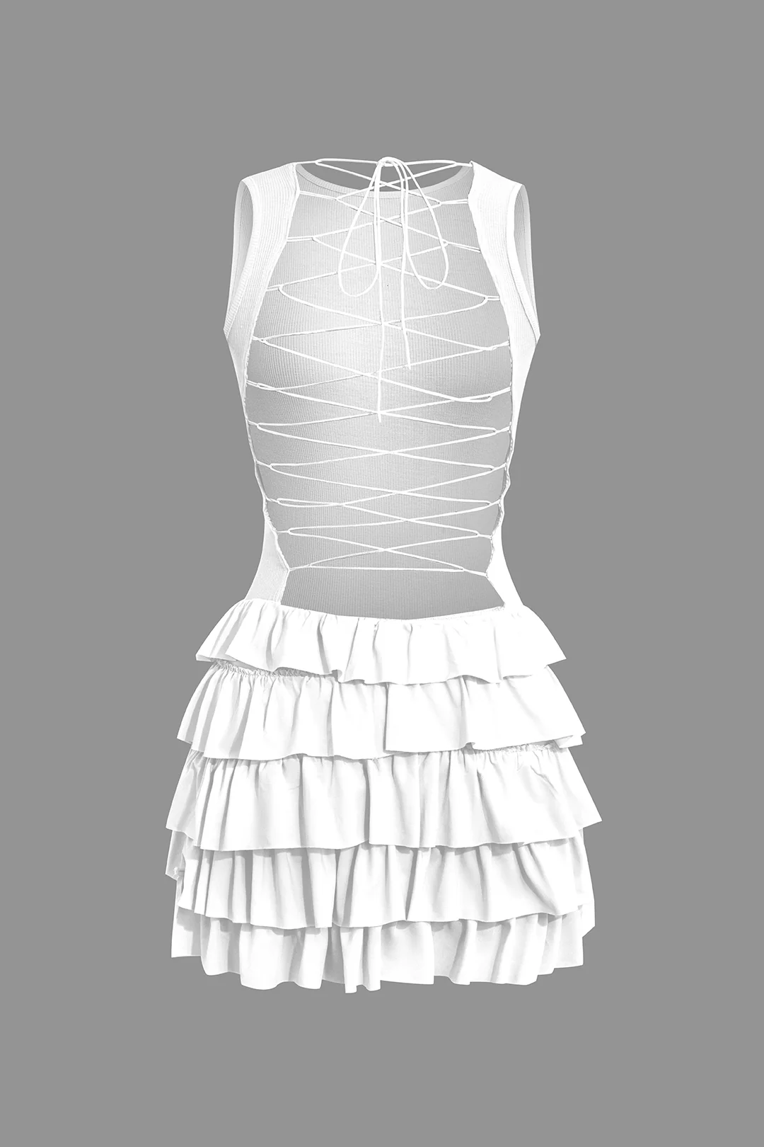 Lace Up Back Sleeveless Ruffle Hem Mini Dress - Image 6