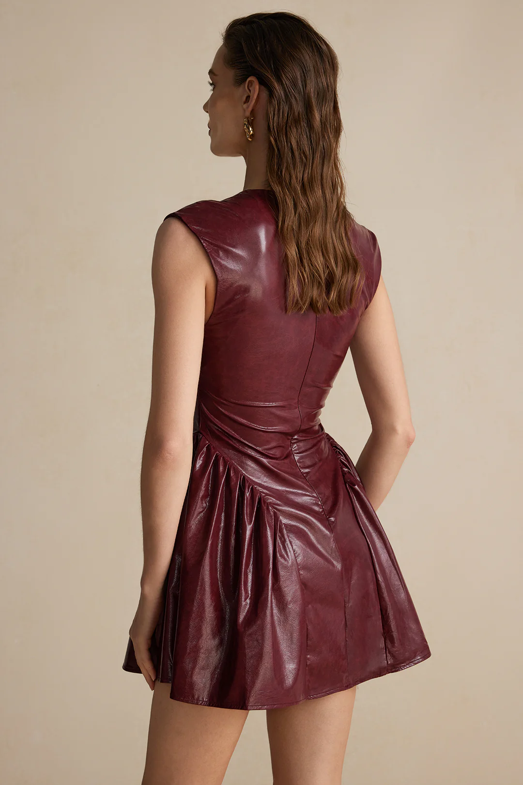 Faux Leather V-neck Ruched Mini Dress - Image 4