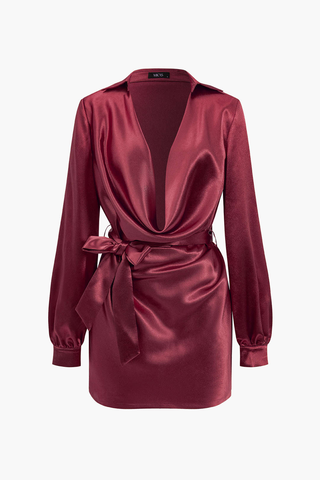 Solid Tie Front Draped Cowl Neck Belted Mini Dress - Image 4