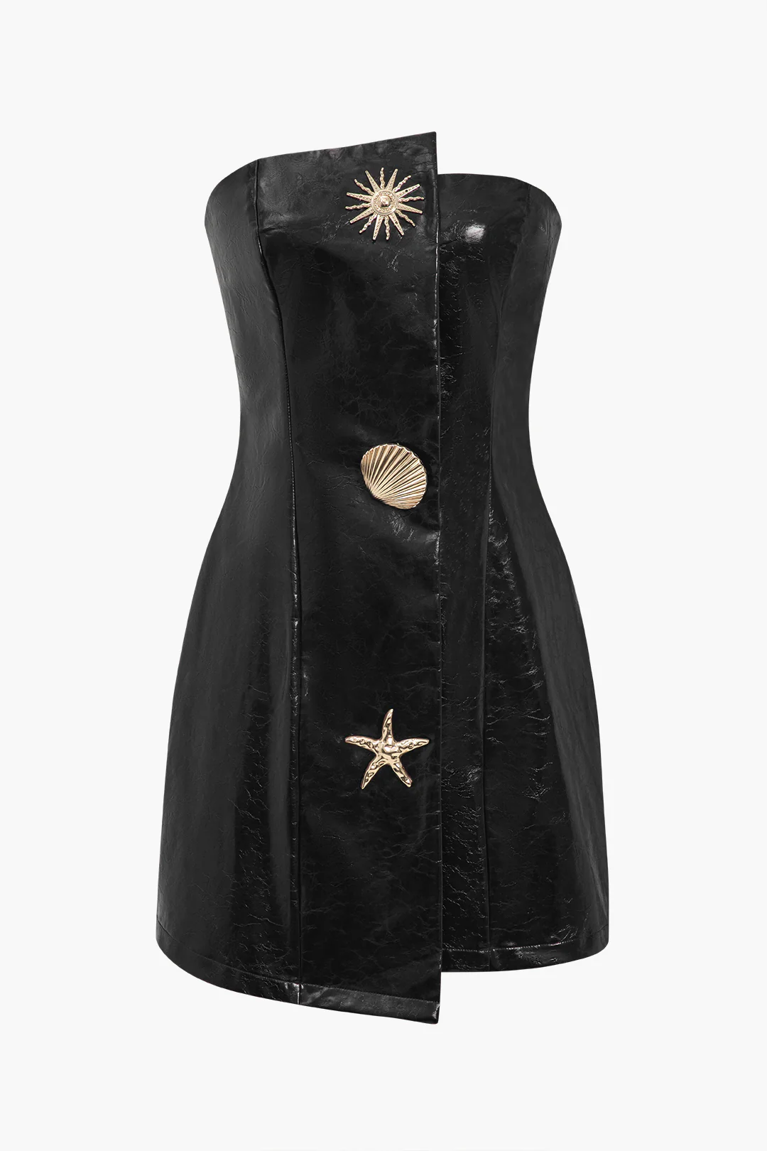 Faux Leather Strapless Mini Dress With Shell Embellishments - Image 6