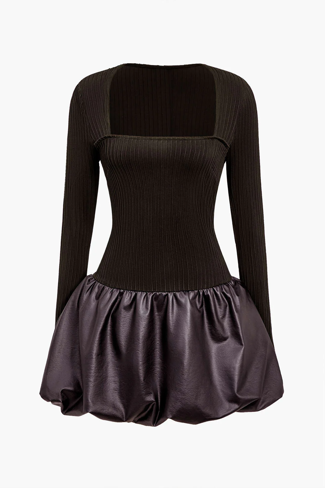PU Patchwork Ruched Square Neck Mini Dress - Image 5