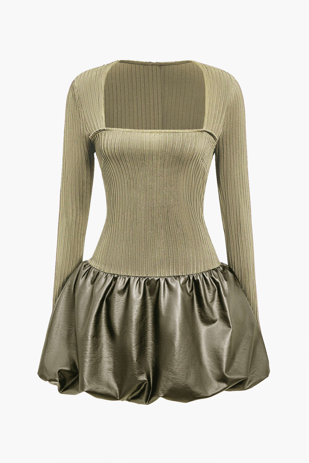 PU Patchwork Ruched Square Neck Mini Dress - Image 7