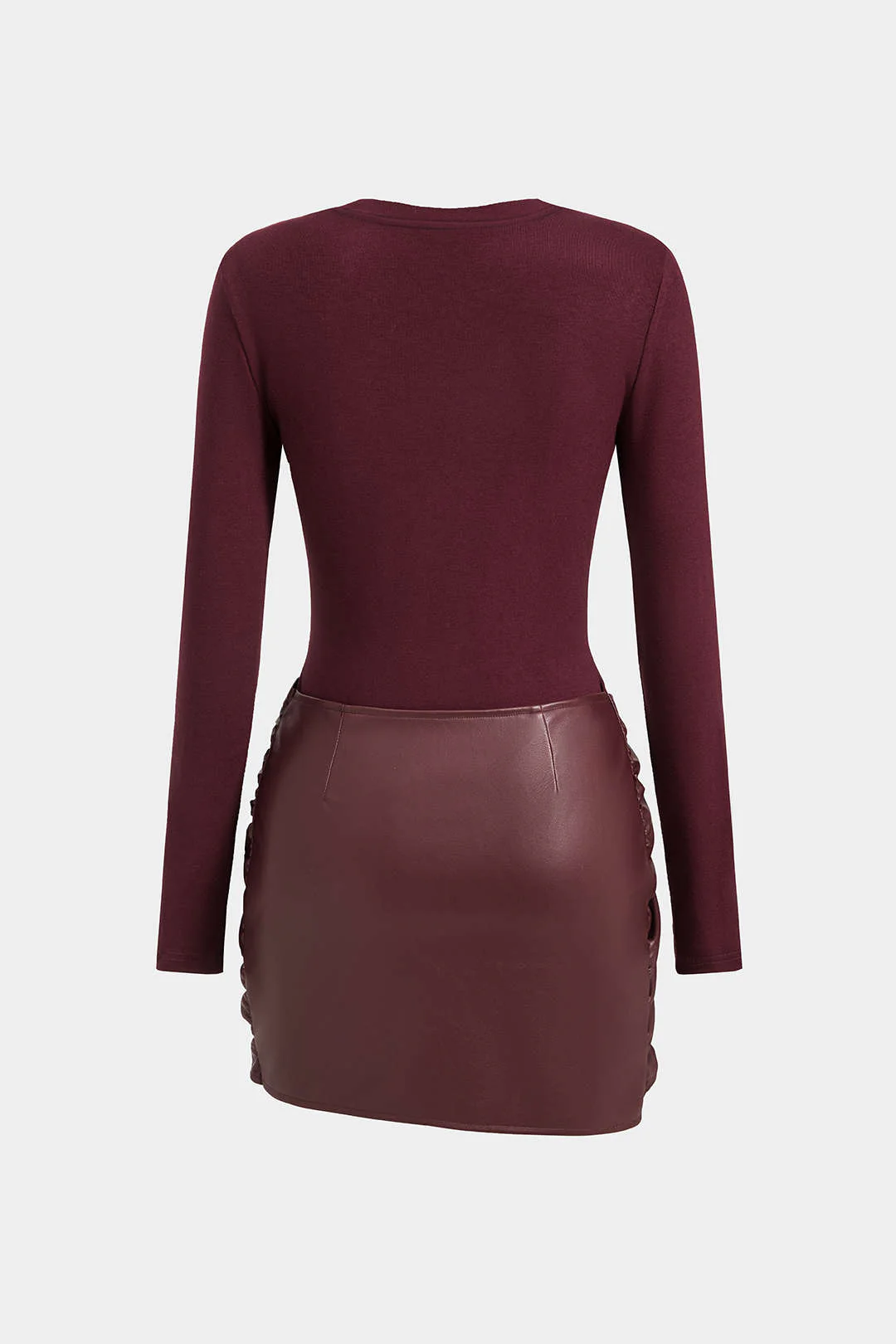 Faux Leather Patchwork Tie Front Round Neck Ruched Mini Dress - Image 10