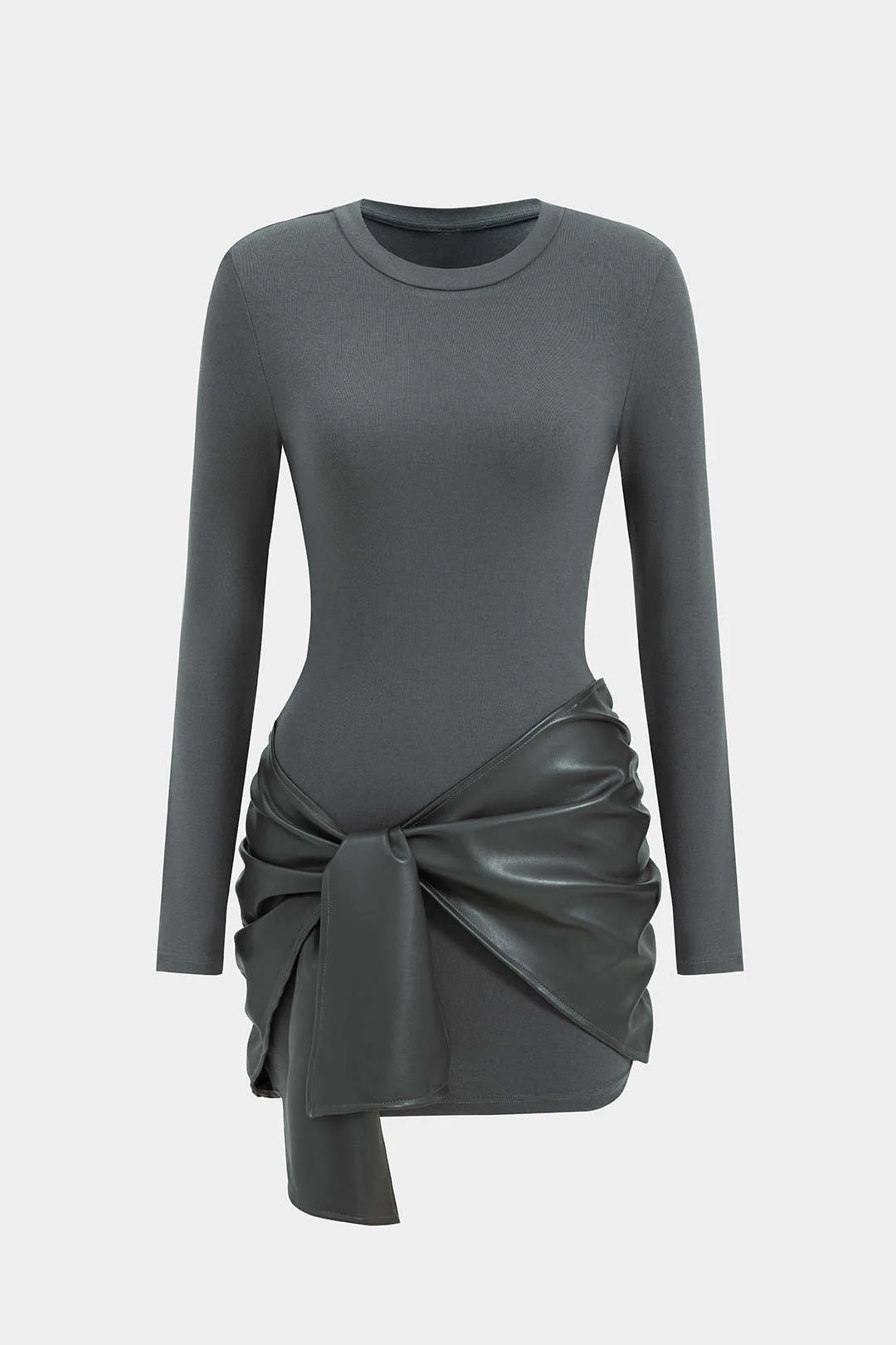 Faux Leather Patchwork Tie Front Round Neck Ruched Mini Dress - Image 13